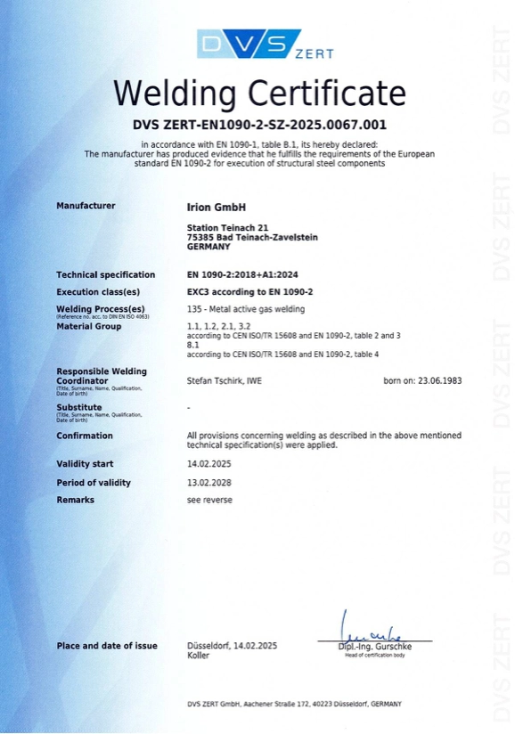 DIN EN 1090-2:2018 EXC3 certified welding company