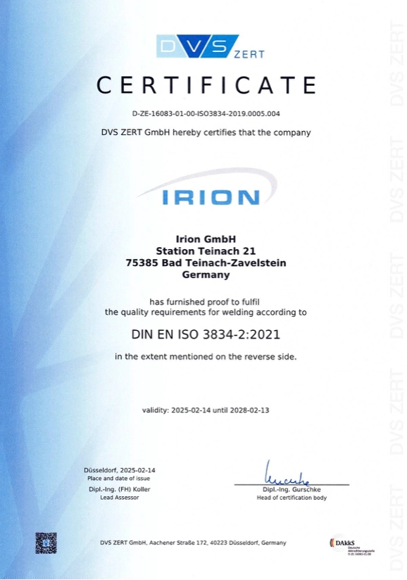 DIN EN ISO 3834-2:2021 certified welding company